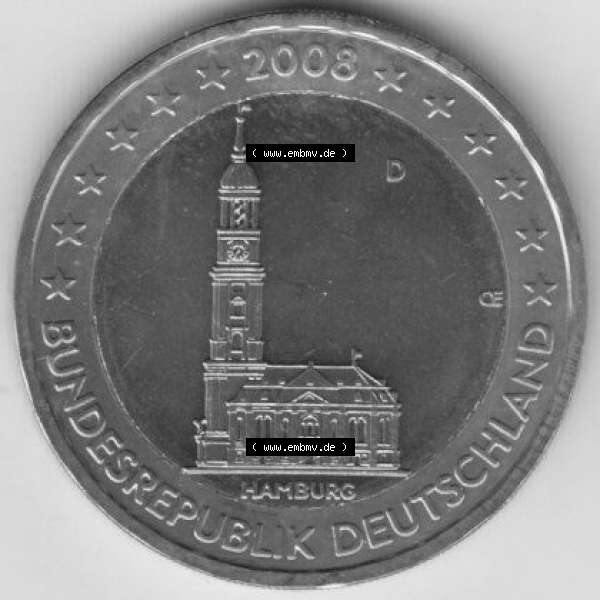 Grau bzw. s/w BRD-Deutschland 2 Euro Gedenkmünze 2008, 2 Euro Gedenkmünze 2008 Hamburg Münzzeichen D in 400DPI, die deutschen 2 Euro Gedenkmünzen 2008 stehen als Digitale Bilder zum herunterladen... Sammlung Graustufen