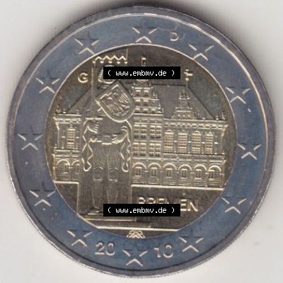 BRD-Deutschland 2 Euro Gedenkmünze 2010, 2 Euro Gedenkmünze Bremen Münzzeichen D in 400DPI, die deutschen 2 Euro Gedenkmünzen 2010 stehen als Digitale Bilder zum herunterladen... Sammlung
