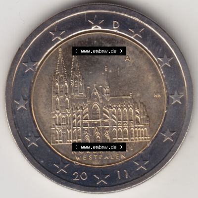 BRD-Deutschland 2 Euro Gedenkmünze 2011, 2 Euro Gedenkmünze 2011 Nordrhein-Westfalen Münzzeichen A in 1200DPI, die deutschen 2 Euro Gedenkmünzen 2011 stehen als Digitale... Sammlung