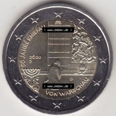 BRD-Deutschland 2 Euro Gedenkmünze 2020, 2 Euro Gedenkmünze 2020, 50 Jahre Kniefall von Warschau Münzzeichen D in 400DPI, die deutschen 2 Euro Gedenkmünzen 2020 als... Sammlung