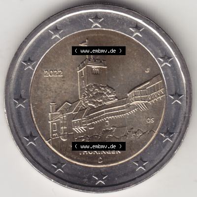 BRD-Deutschland 2 Euro Gedenkmünze 2022, 2 Euro Gedenkmünze 2022, Thüringen - Wartburg Münzzeichen J in 1200DPI, die deutschen 2 Euro Gedenkmünzen 2022 als Digitale... Sammlung