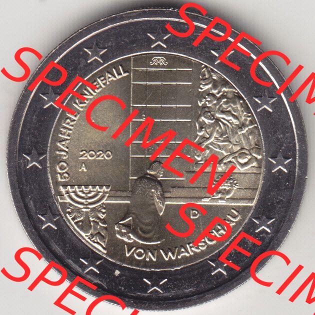 BRD-Deutschland 2 Euro Gedenkmünze 2020, 2 Euro Gedenkmünze 2020, 50 Jahre Kniefall von Warschau Münzzeichen A in 600DPI, die deutschen 2 Euro Gedenkmünzen 2020 als... Sammlung