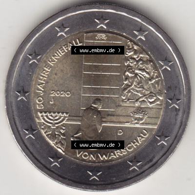 BRD-Deutschland 2 Euro Gedenkmünze 2020, 2 Euro Gedenkmünze 2020, 50 Jahre Kniefall von Warschau Münzzeichen J in 600DPI, die deutschen 2 Euro Gedenkmünzen 2020 als... Sammlung