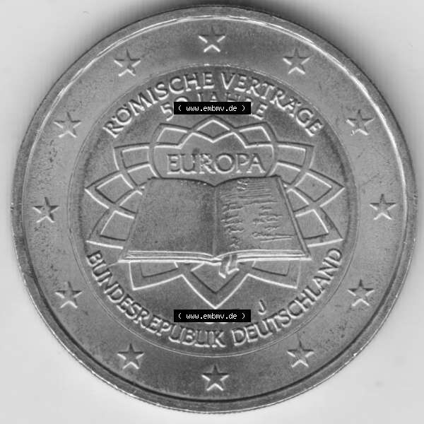 Grau bzw. s/w BRD-Deutschland 2 Euro Gedenkmünze 2007, 2 Euro Gedenkmünze 2007 50 Jahre Römische Verträge Münzzeichen J in 1200DPI. Hier die deutschen 2 Euro Gedenkmünzen 2007... Sammlung Graustufen