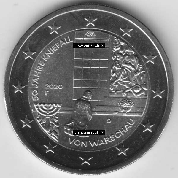 Grau bzw. s/w BRD-Deutschland 2 Euro Gedenkmünze 2020, 2 Euro Gedenkmünze 2020, 50 Jahre Kniefall von Warschau Münzzeichen F in 800DPI, die deutschen 2 Euro Gedenkmünzen 2020 als... Sammlung Graustufen
