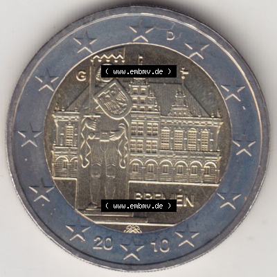 BRD-Deutschland 2 Euro Gedenkmünze 2010, 2 Euro Gedenkmünze Bremen Münzzeichen D in 600DPI, die deutschen 2 Euro Gedenkmünzen 2010 stehen als Digitale Bilder zum herunterladen... Sammlung