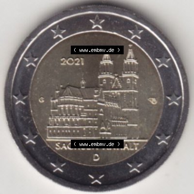 BRD-Deutschland 2 Euro Gedenkmünze 2021, 2 Euro Gedenkmünze 2021 Sachsen-Anhalt Münzzeichen G in 400DPI, die deutschen 2 Euro Gedenkmünzen 2021 stehen als Digitale Bilder... Sammlung