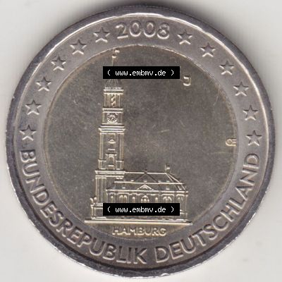 BRD-Deutschland 2 Euro Gedenkmünze 2008, 2 Euro Gedenkmünze 2008 Hamburg Münzzeichen J in 600DPI, die deutschen 2 Euro Gedenkmünzen 2008 stehen als Digitale Bilder zum herunterladen... Sammlung