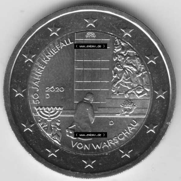 Grau bzw. s/w BRD-Deutschland 2 Euro Gedenkmünze 2020, 2 Euro Gedenkmünze 2020, 50 Jahre Kniefall von Warschau Münzzeichen D in 800DPI, die deutschen 2 Euro Gedenkmünzen 2020 als... Sammlung Graustufen