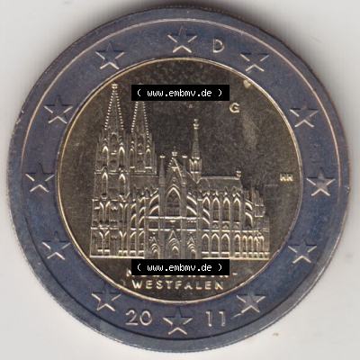 BRD-Deutschland 2 Euro Gedenkmünze 2011, 2 Euro Gedenkmünze 2011 Nordrhein-Westfalen Münzzeichen G in 600DPI, die deutschen 2 Euro Gedenkmünzen 2011 stehen als Digitale... Sammlung