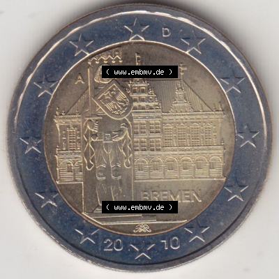 BRD-Deutschland 2 Euro Gedenkmünze 2010, 2 Euro Gedenkmünze 2010 Bremen Münzzeichen A in 600DPI, die deutschen 2 Euro Gedenkmünzen 2010 stehen als Digitale Bilder zum herunterladen... Sammlung