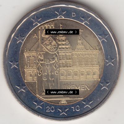 BRD-Deutschland 2 Euro Gedenkmünze 2010, 2 Euro Gedenkmünze 2010 Bremen Münzzeichen A in 800DPI, die deutschen 2 Euro Gedenkmünzen 2010 stehen als Digitale Bilder zum herunterladen... Sammlung