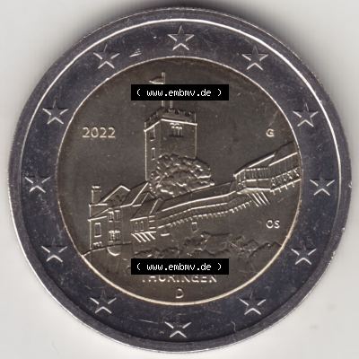 BRD-Deutschland 2 Euro Gedenkmünze 2022, 2 Euro Gedenkmünze 2022, Thüringen - Wartburg Münzzeichen G in 1200DPI, die deutschen 2 Euro Gedenkmünzen 2022 als Digitale... Sammlung