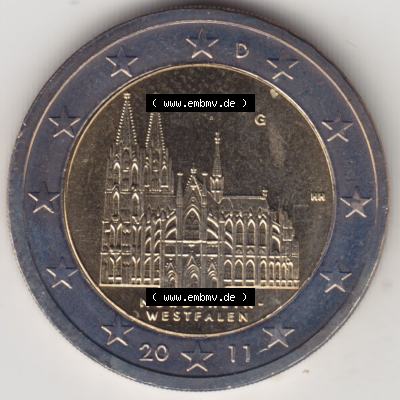 BRD-Deutschland 2 Euro Gedenkmünze 2011, 2 Euro Gedenkmünze 2011 Nordrhein-Westfalen Münzzeichen G in 800DPI, die deutschen 2 Euro Gedenkmünzen 2011 stehen als Digitale... Sammlung