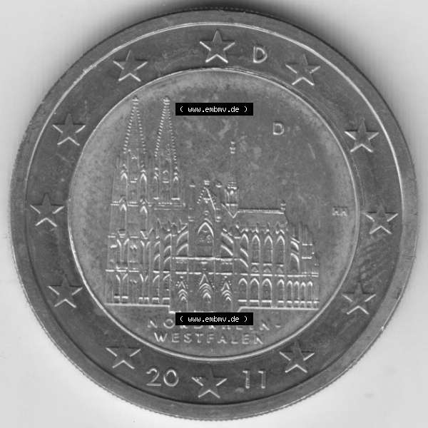 Grau bzw. s/w BRD-Deutschland 2 Euro Gedenkmünze 2011, 2 Euro Gedenkmünze 2011 Nordrhein-Westfalen Münzzeichen D in 600DPI, die deutschen 2 Euro Gedenkmünzen 2011 stehen als Digitale... Sammlung Graustufen