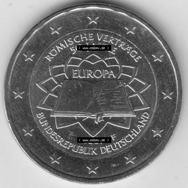 Grau bzw. s/w BRD-Deutschland 2 Euro Gedenkmünze 2007, 2 Euro Gedenkmünze 2007 50 Jahre Römische Verträge Münzzeichen F in 1200DPI. Hier die deutschen 2 Euro Gedenkmünzen 2007... Sammlung Graustufen