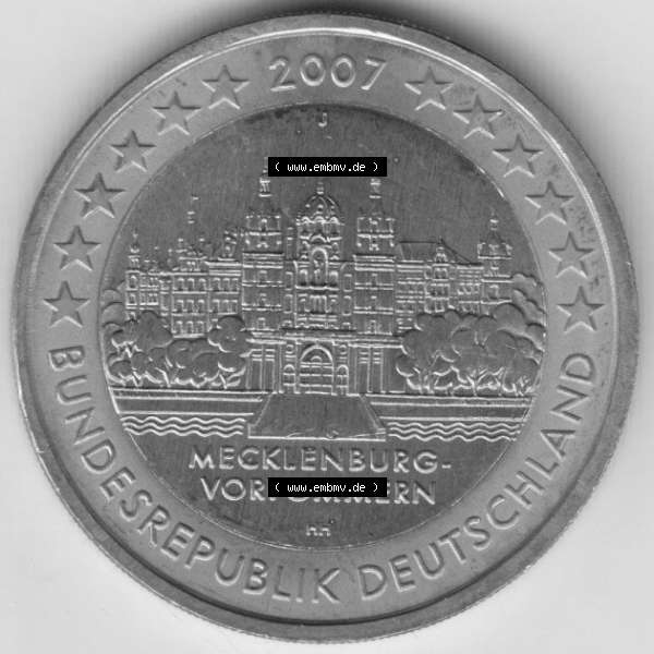 Grau bzw. s/w BRD-Deutschland 2 Euro Gedenkmünze 2007, 2 Euro Gedenkmünze 2007 Mecklenburg Vorpommern Münzzeichen J in 600DPI, die deutschen 2 Euro Gedenkmünzen 2007 stehen als Digitale... Sammlung Graustufen