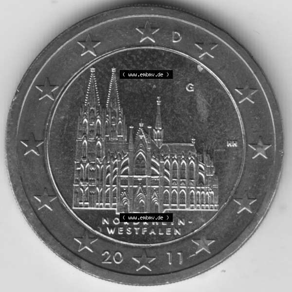 Grau bzw. s/w BRD-Deutschland 2 Euro Gedenkmünze 2011, 2 Euro Gedenkmünze 2011 Nordrhein-Westfalen Münzzeichen G in 800DPI, die deutschen 2 Euro Gedenkmünzen 2011 stehen als Digitale... Sammlung Graustufen