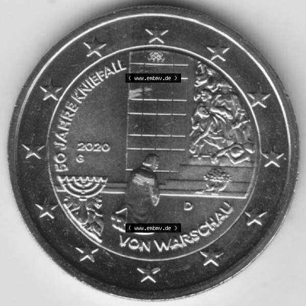 Grau bzw. s/w BRD-Deutschland 2 Euro Gedenkmünze 2020, 2 Euro Gedenkmünze 2020, 50 Jahre Kniefall von Warschau Münzzeichen G in 400DPI, die deutschen 2 Euro Gedenkmünzen 2020 als... Sammlung Graustufen