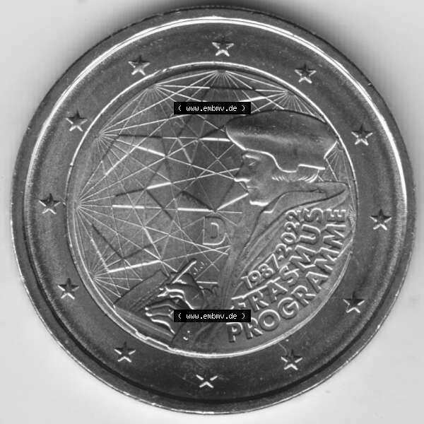 Grau bzw. s/w BRD-Deutschland 2 Euro Gedenkmünze 2022, 2 Euro Gedenkmünze 2022, 35 Jahre Erasmus-Programm Münzzeichen J in 800DPI, die deutschen 2 Euro Gedenkmünzen 2022 als Digitale... Sammlung Graustufen