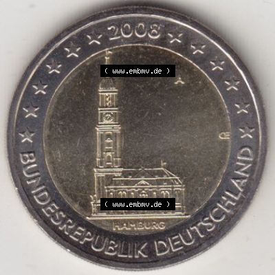 BRD-Deutschland 2 Euro Gedenkmünze 2008, 2 Euro Gedenkmünze 2008 Hamburg Münzzeichen A in 400DPI, die deutschen 2 Euro Gedenkmünzen 2008 stehen als Digitale Bilder zum herunterladen... Sammlung