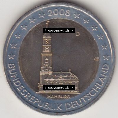 BRD-Deutschland 2 Euro Gedenkmünze 2008, 2 Euro Gedenkmünze 2008 Hamburg Münzzeichen D in 400DPI, die deutschen 2 Euro Gedenkmünzen 2008 stehen als Digitale Bilder zum herunterladen... Sammlung
