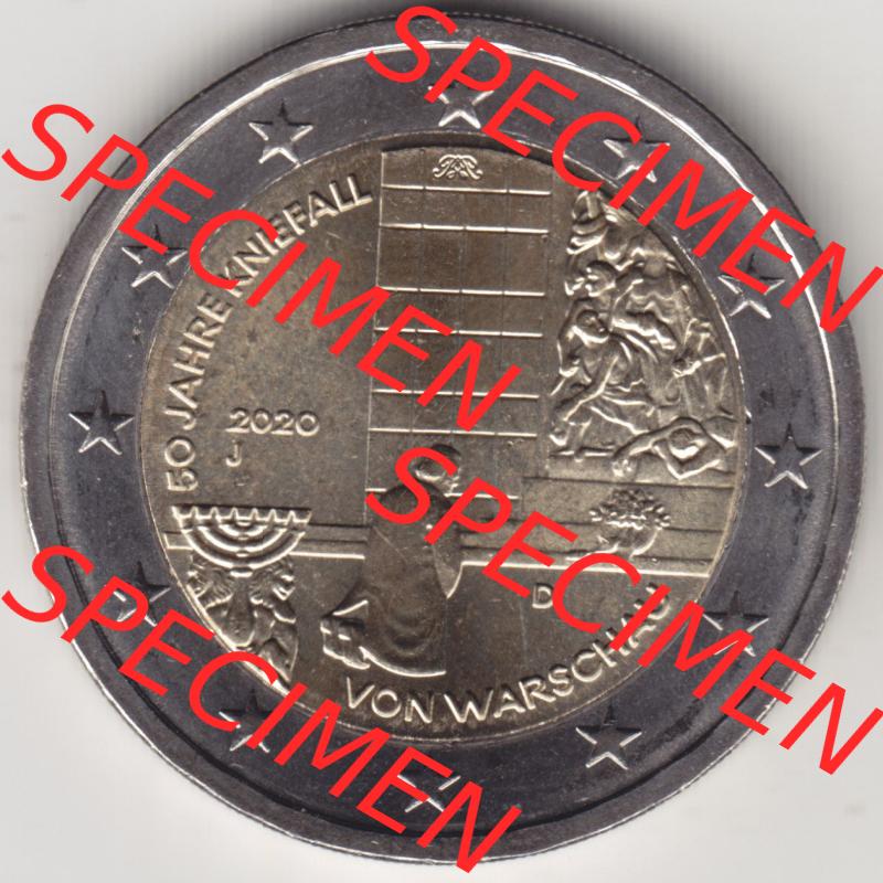 BRD-Deutschland 2 Euro Gedenkmünze 2020, 2 Euro Gedenkmünze 2020, 50 Jahre Kniefall von Warschau Münzzeichen J in 1200DPI, die deutschen 2 Euro Gedenkmünzen 2020 als... Sammlung
