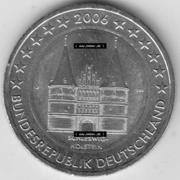 Grau bzw. s/w BRD-Deutschland 2 Euro Gedenkmünze 2006, 2 Euro Gedenkmünze 2006, Schleswig-Holstein Münzzeichen J in 1200DPI, die deutschen 2 Euro Gedenkmünzen 2006 stehen als Digitale... Sammlung Graustufen