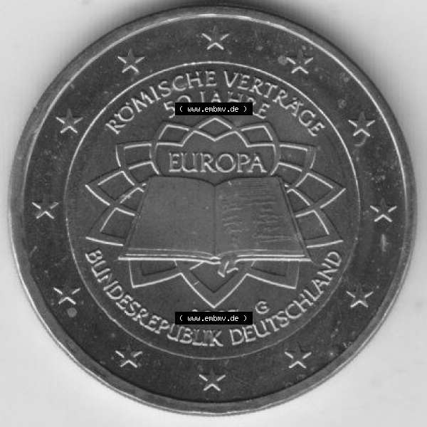 Grau bzw. s/w BRD-Deutschland 2 Euro Gedenkmünze 2007, 2 Euro Gedenkmünze 2007 50 Jahre Römische Verträge Münzzeichen G in 400DPI, die deutschen 2 Euro Gedenkmünzen 2007 stehen... Sammlung Graustufen