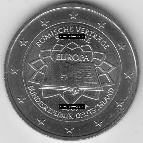 Grau bzw. s/w BRD-Deutschland 2 Euro Gedenkmünze 2007, 2 Euro Gedenkmünze 2007 50 Jahre Römische Verträge Münzzeichen A in 1200DPI. Hier die deutschen 2 Euro Gedenkmünzen 2007... Sammlung Graustufen