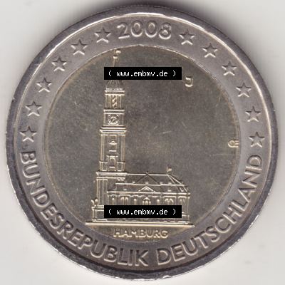 BRD-Deutschland 2 Euro Gedenkmünze 2008, 2 Euro Gedenkmünze 2008 Hamburg Münzzeichen J in 1200DPI, die deutschen 2 Euro Gedenkmünzen 2008 stehen als Digitale Bilder zum... Sammlung