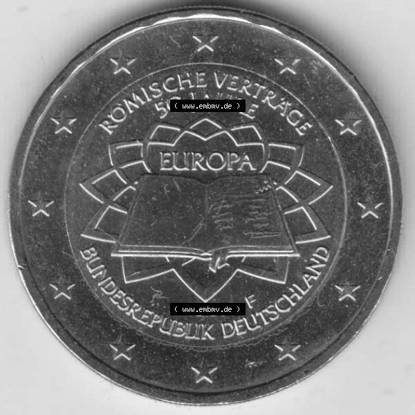 Grau bzw. s/w BRD-Deutschland 2 Euro Gedenkmünze 2007, 2 Euro Gedenkmünze 2007 50 Jahre Römische Verträge Münzzeichen F in 600DPI, die deutschen 2 Euro Gedenkmünzen 2007 stehen... Sammlung Graustufen