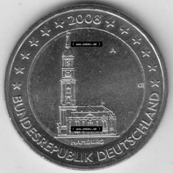 Grau bzw. s/w BRD-Deutschland 2 Euro Gedenkmünze 2008, 2 Euro Gedenkmünze 2008 Hamburg Münzzeichen A in 400DPI, die deutschen 2 Euro Gedenkmünzen 2008 stehen als Digitale Bilder zum herunterladen... Sammlung Graustufen