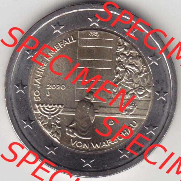 BRD-Deutschland 2 Euro Gedenkmünze 2020, 2 Euro Gedenkmünze 2020, 50 Jahre Kniefall von Warschau Münzzeichen J in 600DPI, die deutschen 2 Euro Gedenkmünzen 2020 als... Sammlung