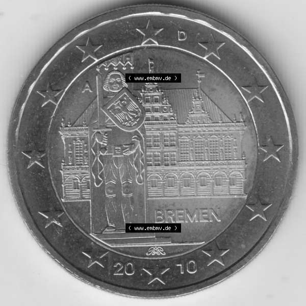 Grau bzw. s/w BRD-Deutschland 2 Euro Gedenkmünze 2010, 2 Euro Gedenkmünze 2010 Bremen Münzzeichen A in 1200DPI, die deutschen 2 Euro Gedenkmünzen 2010 stehen als Digitale Bilder zum herunterladen... Sammlung Graustufen