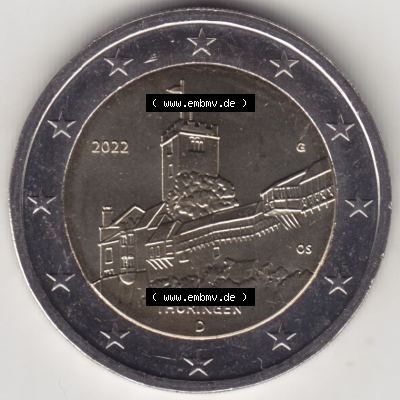 BRD-Deutschland 2 Euro Gedenkmünze 2022, 2 Euro Gedenkmünze 2022, Thüringen - Wartburg Münzzeichen G in 800DPI, die deutschen 2 Euro Gedenkmünzen 2022 als Digitale... Sammlung
