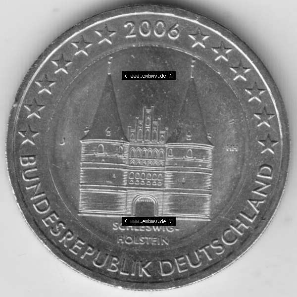 Grau bzw. s/w BRD-Deutschland 2 Euro Gedenkmünze 2006, 2 Euro Gedenkmünze 2006, Schleswig-Holstein Münzzeichen J in 800DPI, die deutschen 2 Euro Gedenkmünzen 2006 stehen als Digitale... Sammlung Graustufen