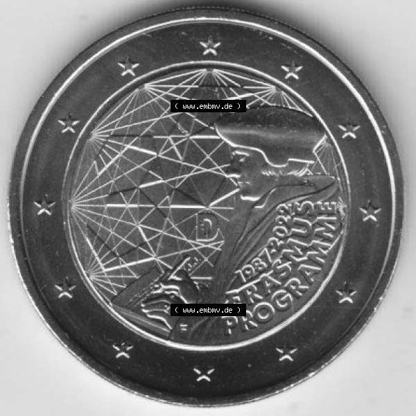 Grau bzw. s/w BRD-Deutschland 2 Euro Gedenkmünze 2022, 2 Euro Gedenkmünze 2022, 35 Jahre Erasmus-Programm Münzzeichen F in 400DPI, die deutschen 2 Euro Gedenkmünzen 2022 als Digitale... Sammlung Graustufen