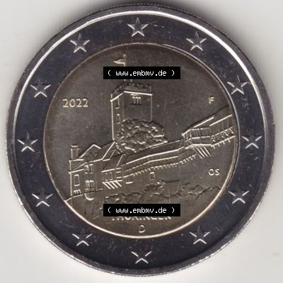 BRD-Deutschland 2 Euro Gedenkmünze 2022, 2 Euro Gedenkmünze 2022, Thüringen - Wartburg Münzzeichen F in 800DPI, die deutschen 2 Euro Gedenkmünzen 2022 als Digitale... Sammlung