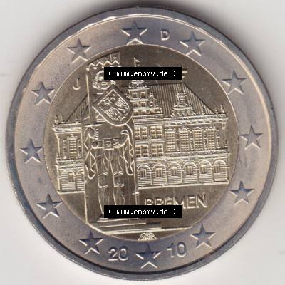 BRD-Deutschland 2 Euro Gedenkmünze 2010, 2 Euro Gedenkmünze 2010 Bremen Münzzeichen J in 600DPI, die deutschen 2 Euro Gedenkmünzen 2010 stehen als Digitale Bilder zum herunterladen... Sammlung