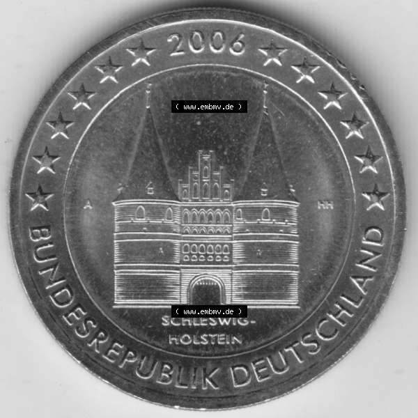 Grau bzw. s/w BRD-Deutschland 2 Euro Gedenkmünze 2006, 2 Euro Gedenkmünze 2006, Schleswig-Holstein Münzzeichen A in 800DPI, die deutschen 2 Euro Gedenkmünzen 2006 stehen als Digitale... Sammlung Graustufen