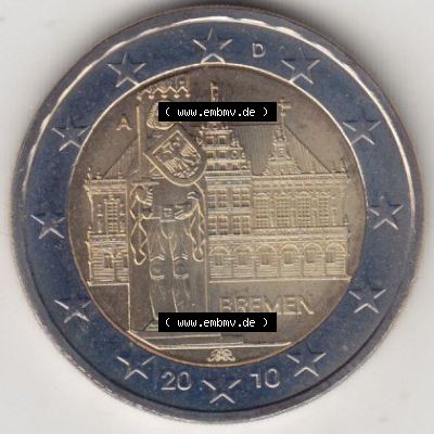 BRD-Deutschland 2 Euro Gedenkmünze 2010, 2 Euro Gedenkmünze 2010 Bremen Münzzeichen A in 400DPI, die deutschen 2 Euro Gedenkmünzen 2010 stehen als Digitale Bilder zum herunterladen... Sammlung