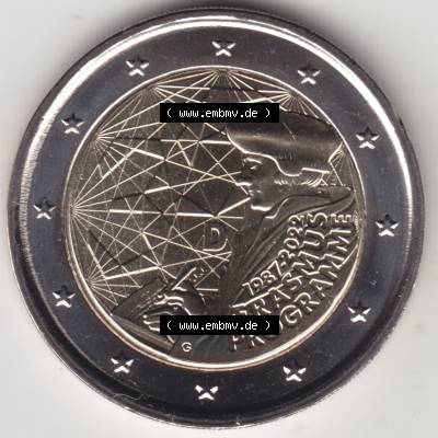 BRD-Deutschland 2 Euro Gedenkmünze 2022, 2 Euro Gedenkmünze 2022, 35 Jahre Erasmus-Programm Münzzeichen G in 1200DPI, die deutschen 2 Euro Gedenkmünzen 2022 als Digitale... Sammlung