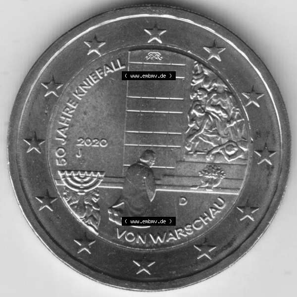 Grau bzw. s/w BRD-Deutschland 2 Euro Gedenkmünze 2020, 2 Euro Gedenkmünze 2020, 50 Jahre Kniefall von Warschau Münzzeichen J in 600DPI, die deutschen 2 Euro Gedenkmünzen 2020 als... Sammlung Graustufen