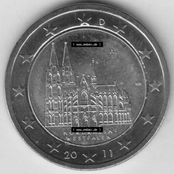 Grau bzw. s/w BRD-Deutschland 2 Euro Gedenkmünze 2011, 2 Euro Gedenkmünze 2011 Nordrhein-Westfalen Münzzeichen A in 400DPI, die deutschen 2 Euro Gedenkmünzen 2011 stehen als Digitale... Sammlung Graustufen