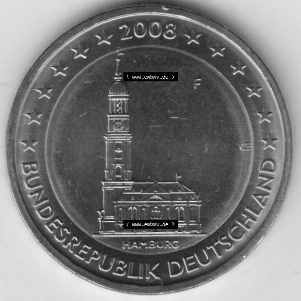 Grau bzw. s/w BRD-Deutschland 2 Euro Gedenkmünze 2008, 2 Euro Gedenkmünze 2008 Hamburg Münzzeichen F in 600DPI, die deutschen 2 Euro Gedenkmünzen 2008 stehen als Digitale Bilder zum herunterladen... Sammlung Graustufen