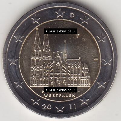 BRD-Deutschland 2 Euro Gedenkmünze 2011, 2 Euro Gedenkmünze 2011 Nordrhein-Westfalen Münzzeichen F in 600DPI, die deutschen 2 Euro Gedenkmünzen 2011 stehen als Digitale... Sammlung