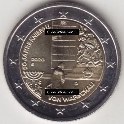 BRD-Deutschland 2 Euro Gedenkmünze 2020, 2 Euro Gedenkmünze 2020, 50 Jahre Kniefall von Warschau Münzzeichen G in 400DPI, die deutschen 2 Euro Gedenkmünzen 2020 als... Sammlung
