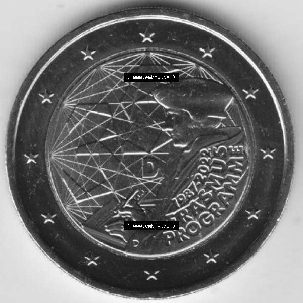 Grau bzw. s/w BRD-Deutschland 2 Euro Gedenkmünze 2022, 2 Euro Gedenkmünze 2022, 35 Jahre Erasmus-Programm Münzzeichen D in 400DPI, die deutschen 2 Euro Gedenkmünzen 2022 als Digitale... Sammlung Graustufen