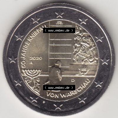BRD-Deutschland 2 Euro Gedenkmünze 2020, 2 Euro Gedenkmünze 2020, 50 Jahre Kniefall von Warschau Münzzeichen A in 400DPI, die deutschen 2 Euro Gedenkmünzen 2020 als... Sammlung